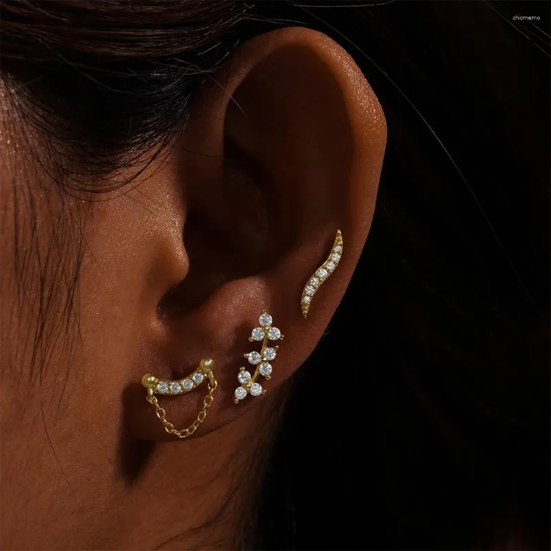 Boucles d'oreilles goujons de conserve 1pcs onde de feuille d'oreille de feuille S925 Piercing à fond plat en zircon géométrique sterling en argent sterling