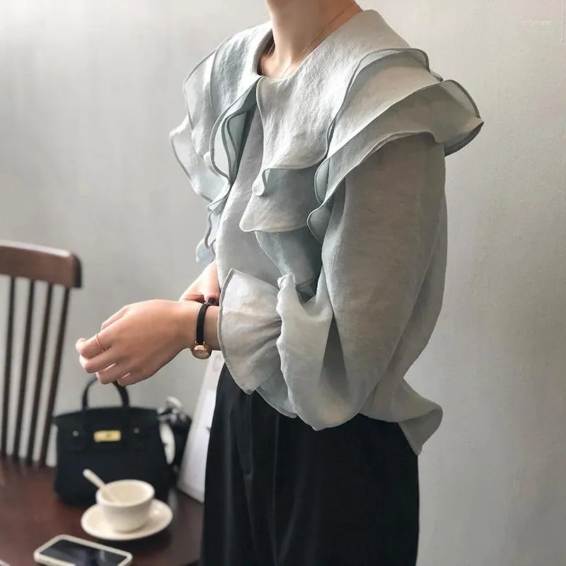 Women's Blouses 2024 Koreaanse lente vrouwen blouse ruche elegant designer shirt lichte poppen poppen nek lange mouw casual mooie vrouwelijke top