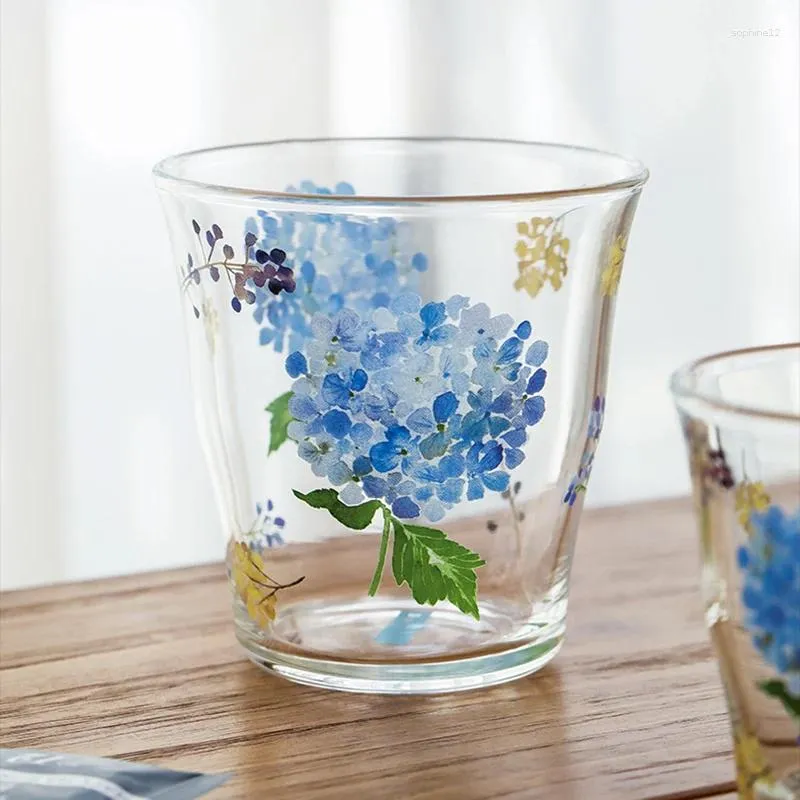 Copos de vinho hidrangea borossilicato canecas de flores de vidro de vidro leite xícara de chá caneca em casa