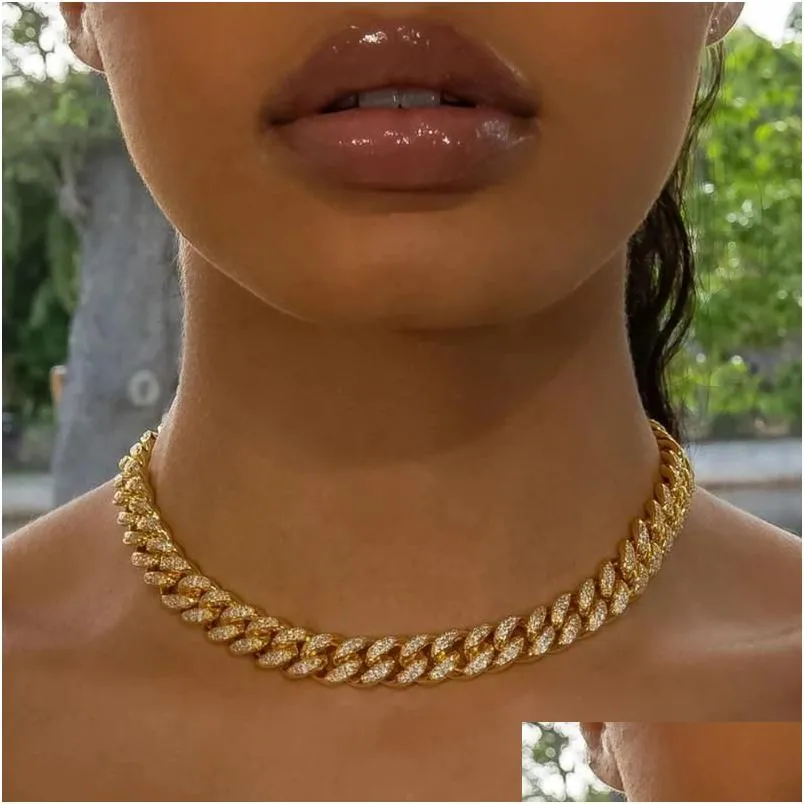 Kettingen hiphop cubaanse link ketting kettingen rapper sieraden voor vrouwen ijsje staguette bling crystal choker ketting strass rhinestone drop de dhist