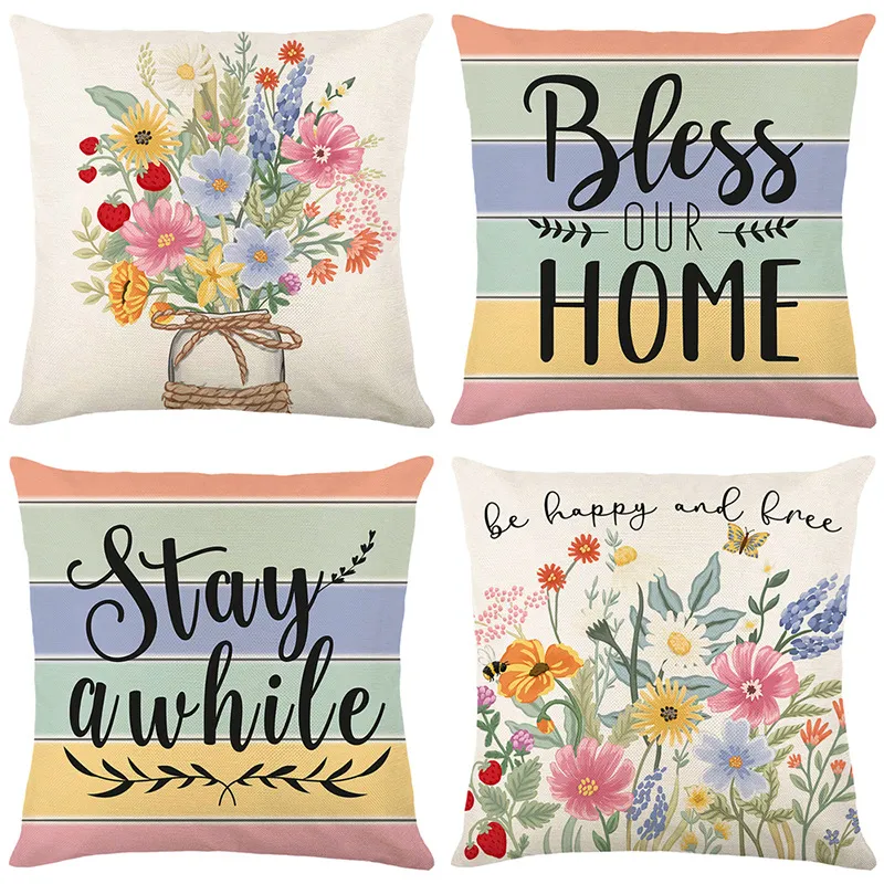 Throw Pillow Covers Vintage Flower Pillows Cover 18x18 Inch Cotton Linen Floral Outdoor Cushion Case Pillow Cases for Sofa Couch Living Room Bed Indoors Home Decor