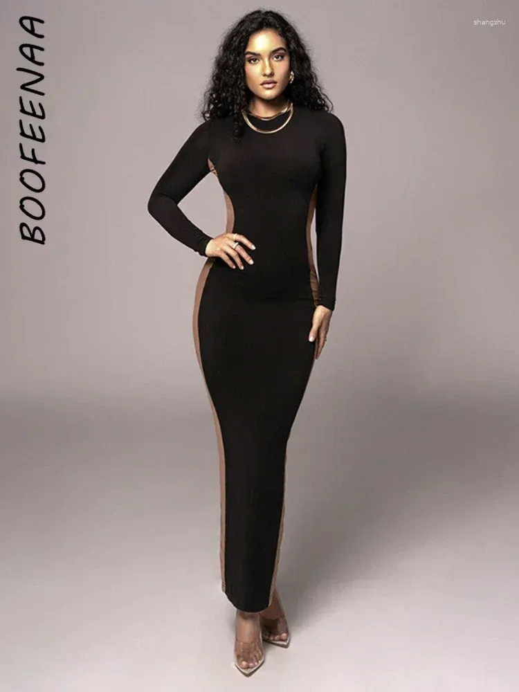 Casual Dresses BOOFEENAA Elegant Patchwork Bodycon Dress Long Sleeve Slit Maxi White Black Women Clothes Fashion Trends 2024 C85-CZ31