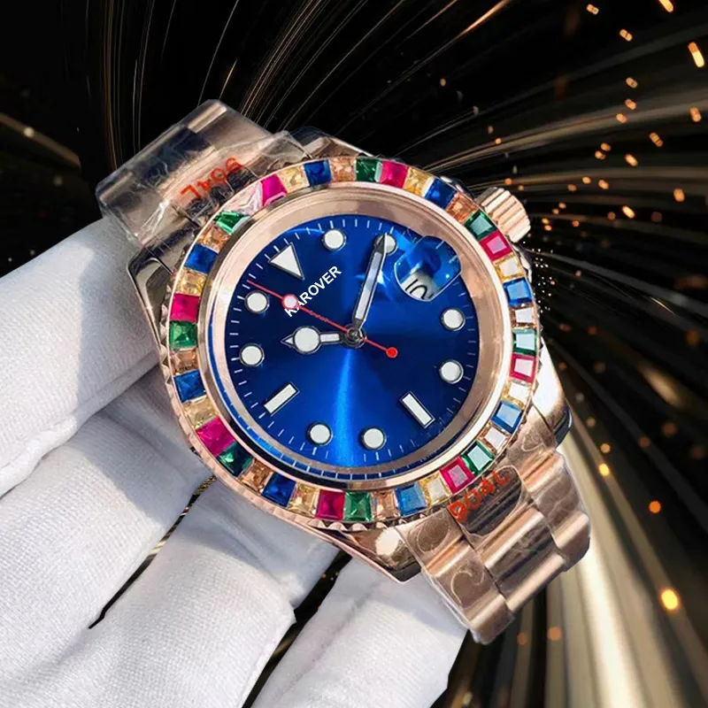 AAA Watch Mens Automatic Watch New Rainbow Diamond Watch 40mm Blue Dial Sapphire Waterproof Luminous Rose Gold rostfritt stålklocka Fashionabla Sporty Watch