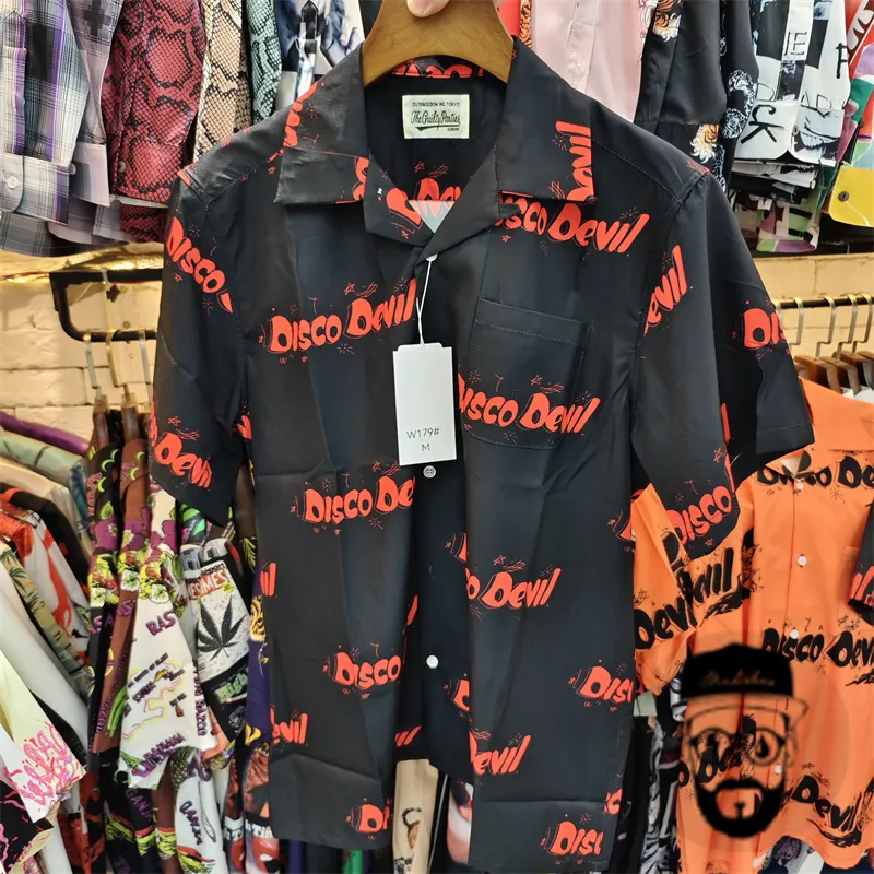 Echte foto's zwarte shirt met korte mouwen volledige afdruk letters zomer casual los fit Hawaiiaanse shirts mannen vrouwen