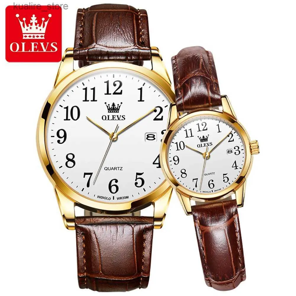 Kvinnors klockor Olevs 5566 Classic Quartz Couple Es Original läderklänning för män kvinnor kalender vattentät topp varumärke hand klocka l240402