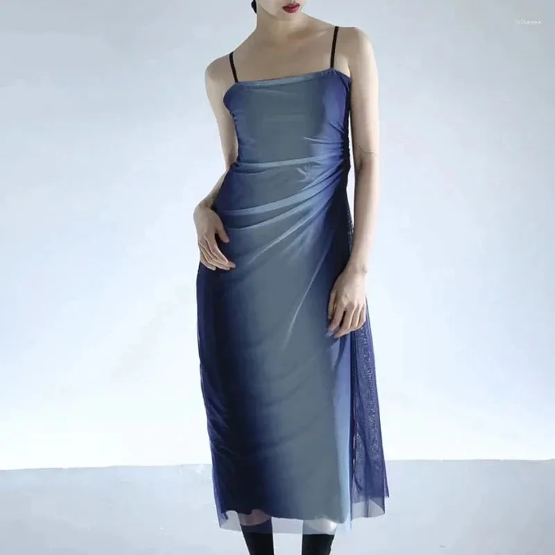 Casual Dresses 2024 Y2K Aesthetics Mesh Dress Grunge Gradient Print Midi Japanese Harajuku Strap Fairycore Korean Party Vestidos
