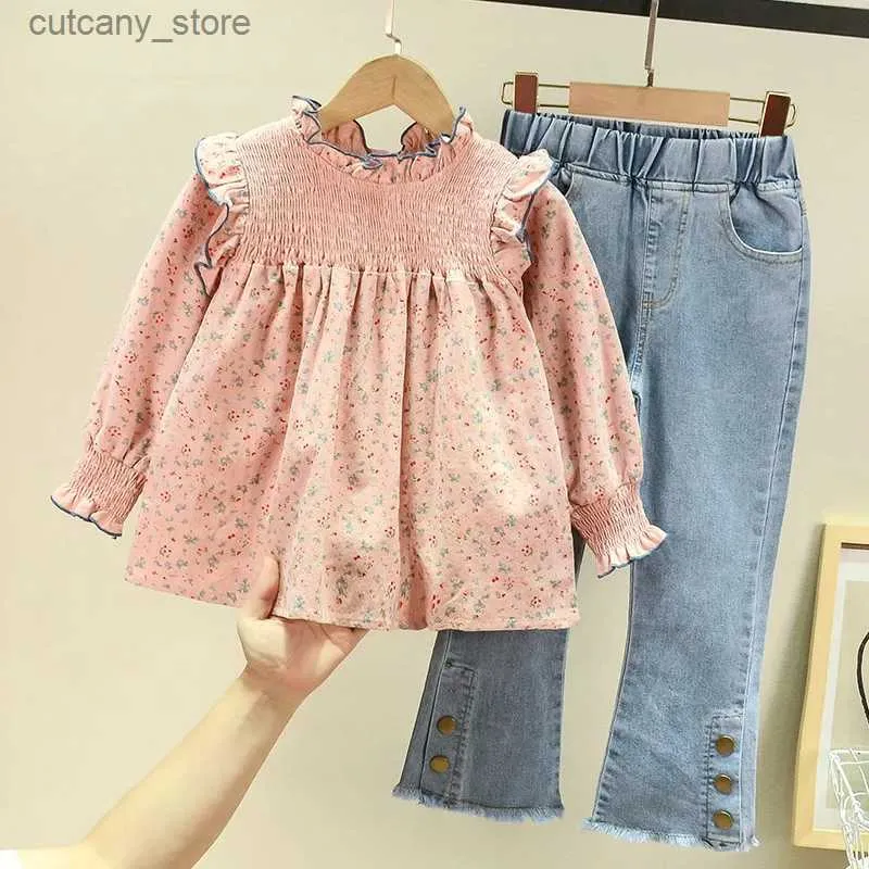 Pantalones ropa para niños 2022 primavera otoño nuevo floral lindo bebé camisa de bebé +jeans de la campana de mezclilla pantalones de ropa dulce para niñas dulces l46