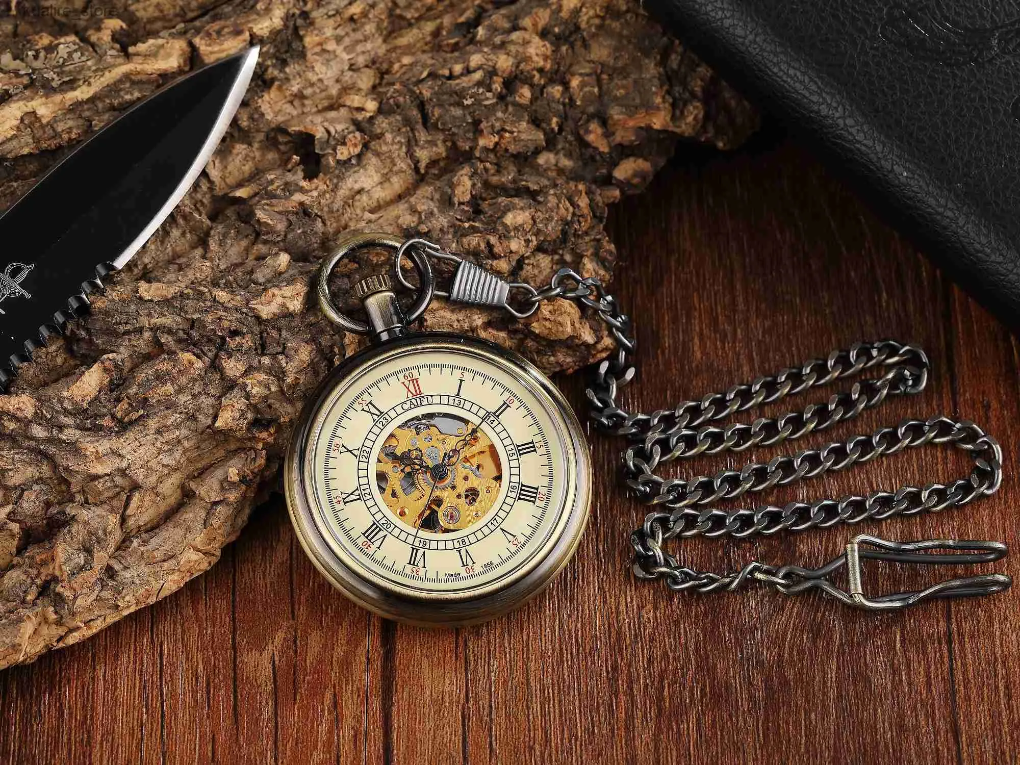 Pocket Watches Gold Retro Hand-WInd Mechanical Luxury Pocket Hollow Steampunk es Roman Numerals Clock With Fob Chain Reloj Hombre L240402