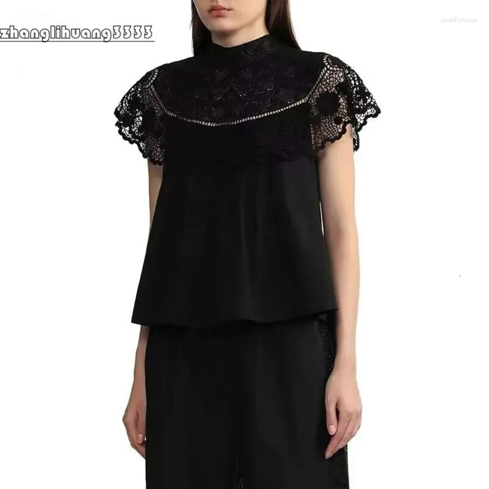 Women's Blouses 2024 Lente en zomerstijl Half Turtleneck Hollow Borduured Lace Splicing Mouwloze Blouse Dameshemd