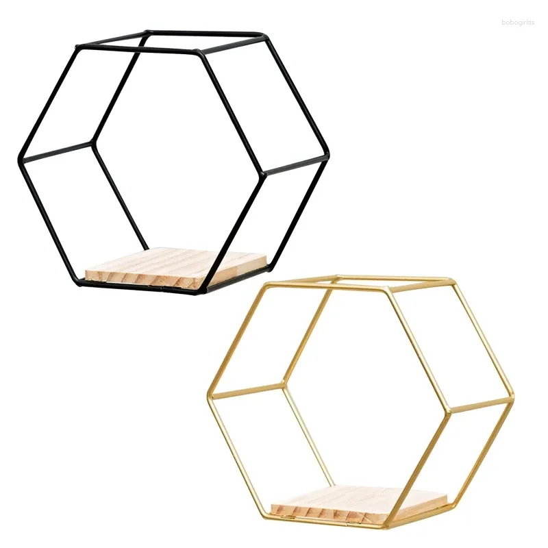 Decorative Plates Nordic Style Wall Mounted Floating Hexagon Shelf Metal Iron Framed Storage Holder Rack With Wooden Board Geometric