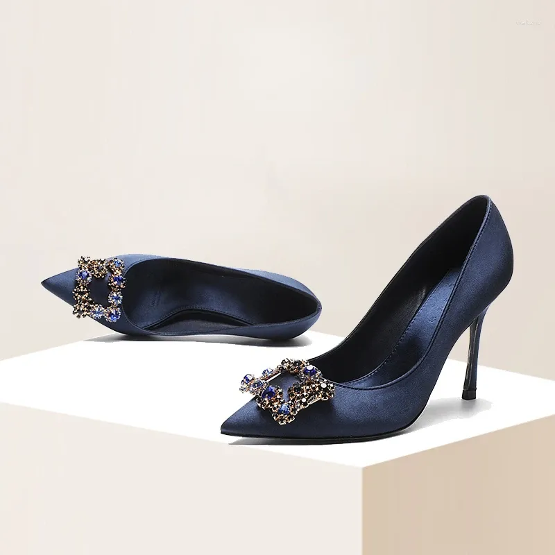 Dress Shoes Spring Autumn High Heels Women Pointed Toe Elegant Lady Sexy 7cm Royal Blue Slip-on Stiletto Pumps Rhinestone Square Buckle