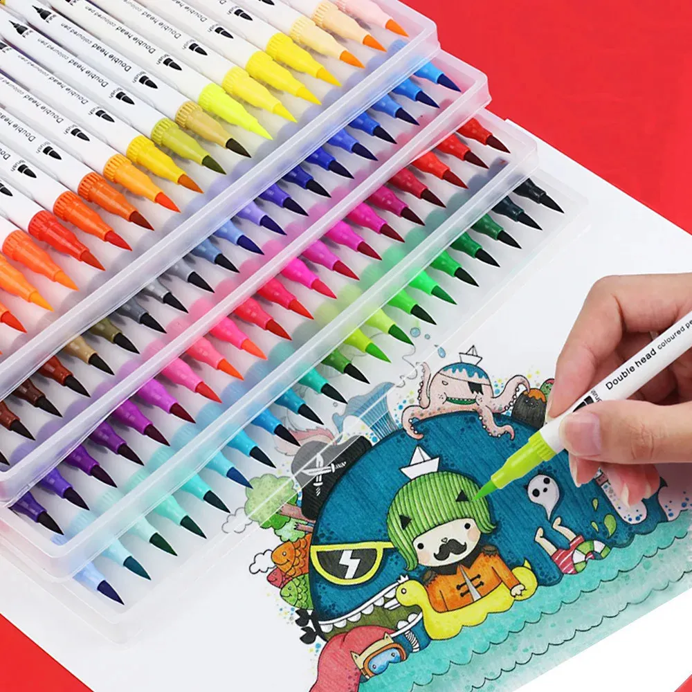 رأس مزدوج رأس مائي القلم قابلة للغسل 12-100 ألوان غرامة/نصيحة نصيحة ملونة لوحة الطلاء لوحة الرسم مجموعة الفن لوازم 240328