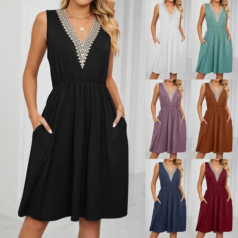Casual Dresses for Women 2024 Summer Dress Sleeveless Pockets spets sömnad V Neck sundress Loose Comfy Elegant Ruffles