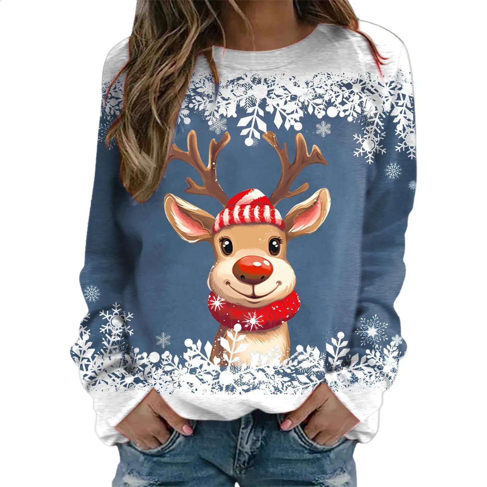 Jersey Navideño Para Mujer Con Estampado De Reno - Sudadera De Manga Larga, Cuello Redondo, Tejido Suave Y Cálido
