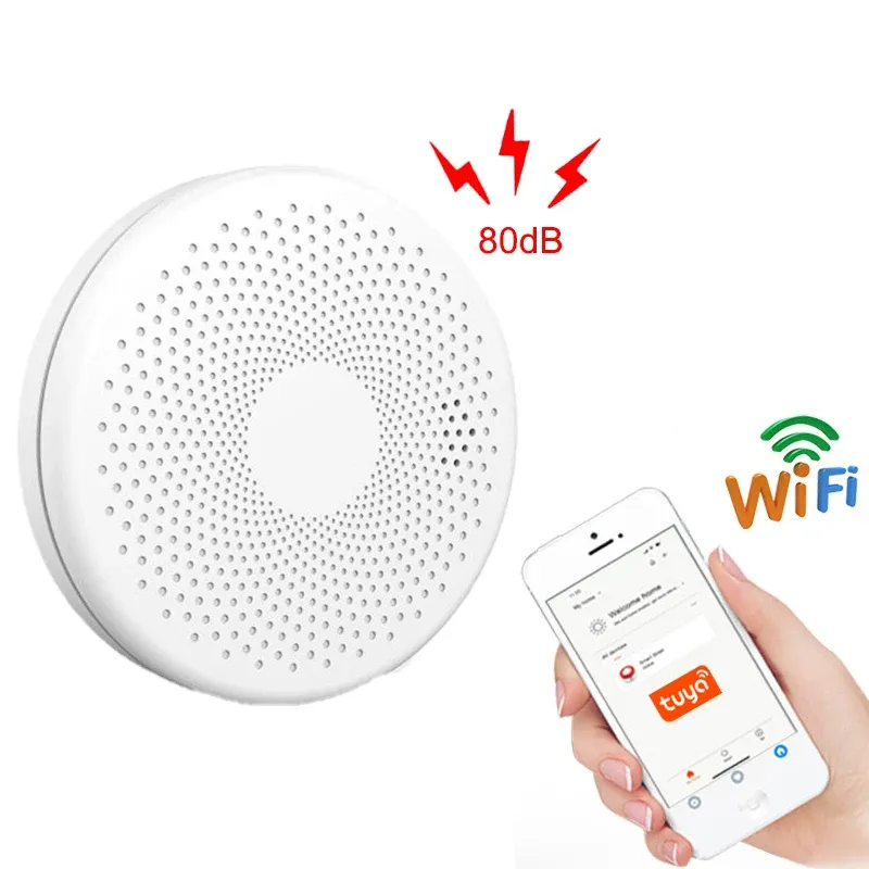 الكاشف Tuya Smart Smoke Fire Protection Co Warner Carbon Onostect Sensor Sensor مع مؤشر LED ملون 85 ديسيبل في صفارات الإنذار