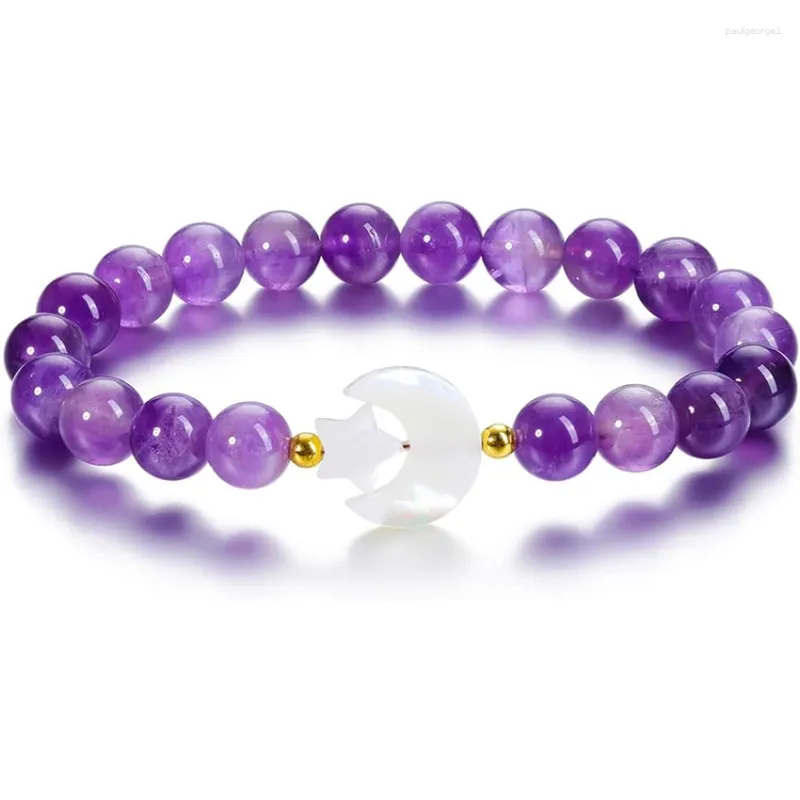 Strand XSMAmethyst Healing Stone Bracelet For Women 8mm Crystal Beads Moon Star Charm Stretch Handmade Energy Jewelry