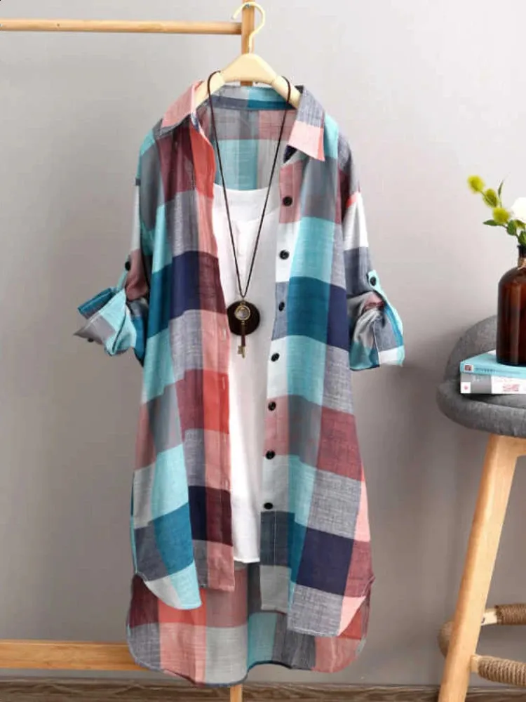 Plus Size Loose Plaid Blouse Women Cotton Shirt Female Mid Length Autumn Long Sleeve Casual Winter Korean Style Outwear 240403