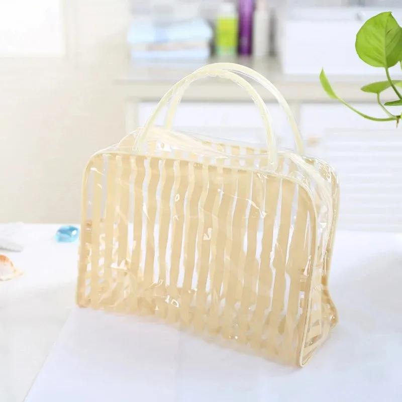 Transparent PVC Zipper Cosmetic Makeup Organizer Bag Stripe Portable Waterproof Makeup Tool Storage Ladies Bag