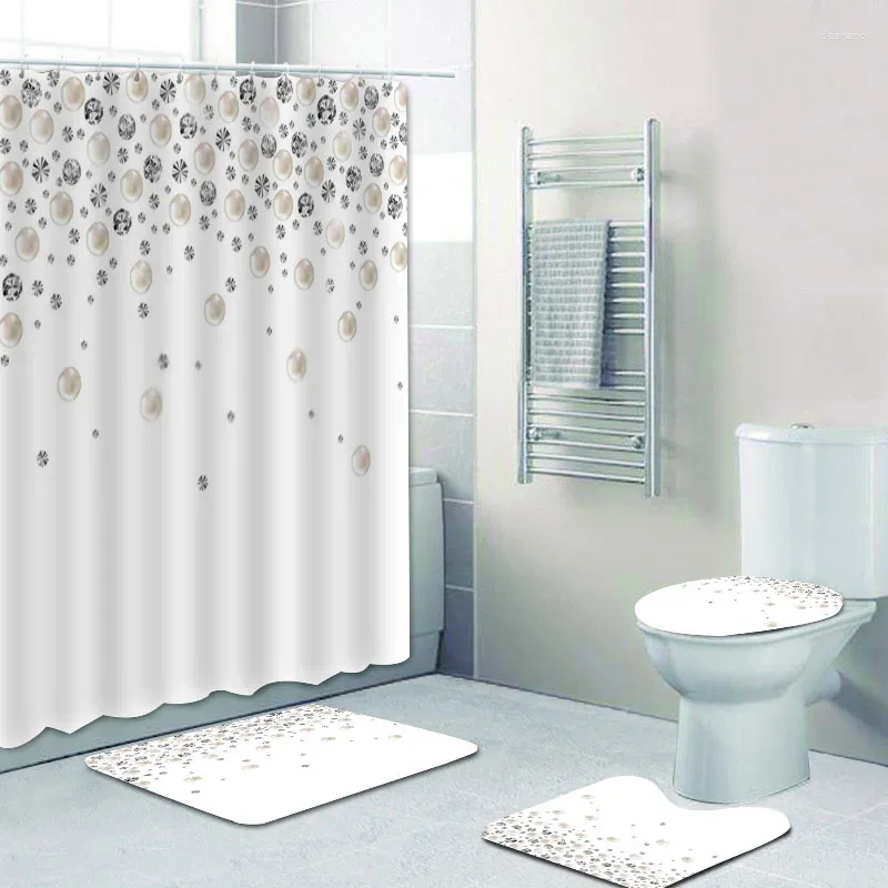 Shower Curtains Elegant Black White Pearl Falling Gems Shiny Diamond Curtain Set For Bathroom Glamour Glitter Jewel Bath Mat Toilet Decor