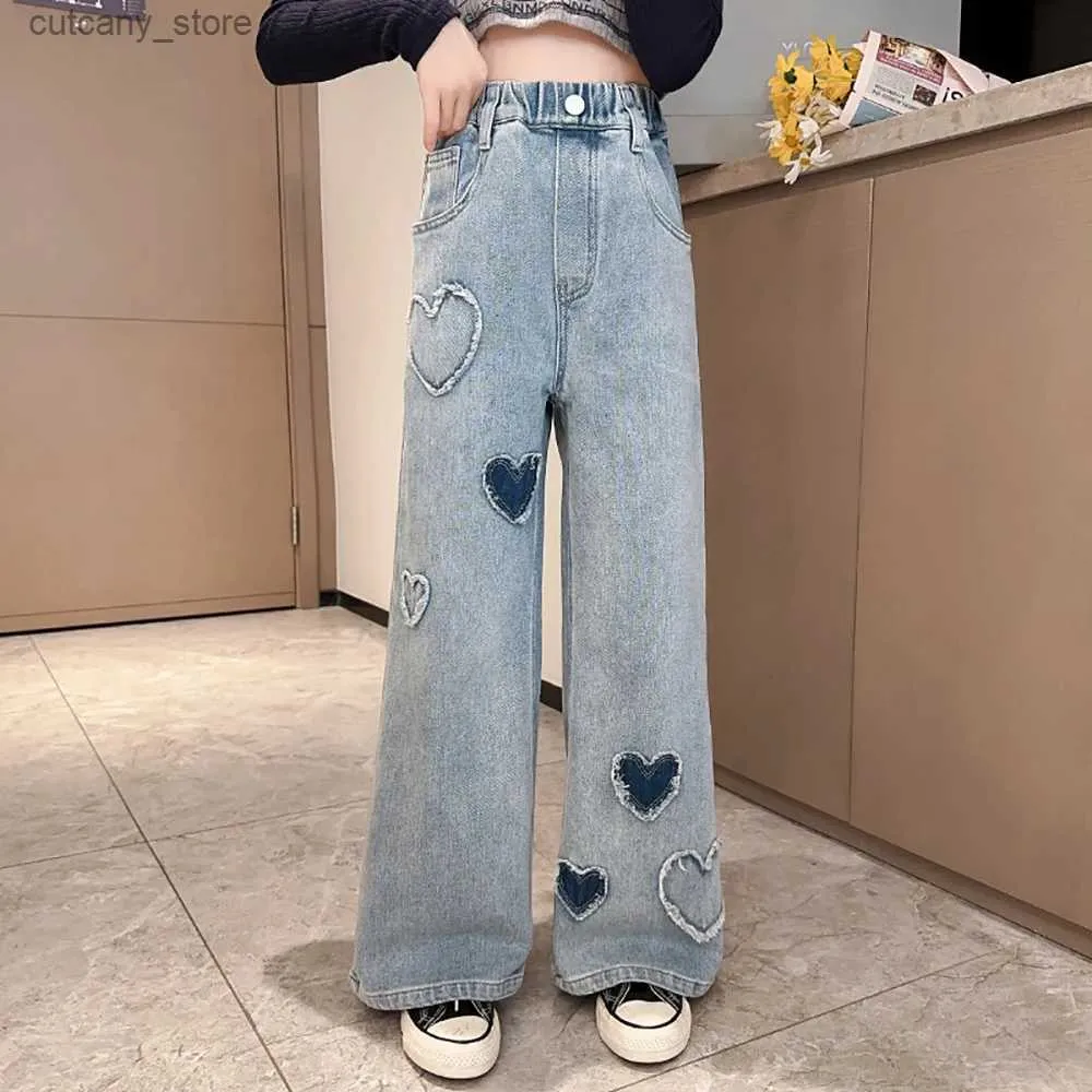 Broek nieuwe mode tiener meisjes denim brede g broek kinderen broeken voorjaar herfst liefde patroon meisjes jeans 5-14 jaar kinderkleding l46