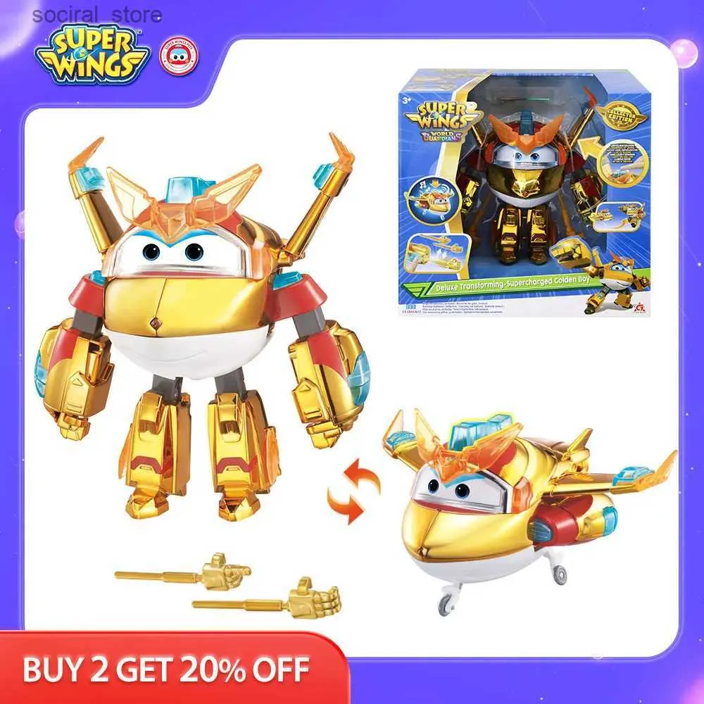 Action Toy Figures Super Wings 6 Inches Deluxe Transforming Supercharged Golden Boy With Light Sound 2 Gestures Plan Transform Robot Anime Kid Toy L240402