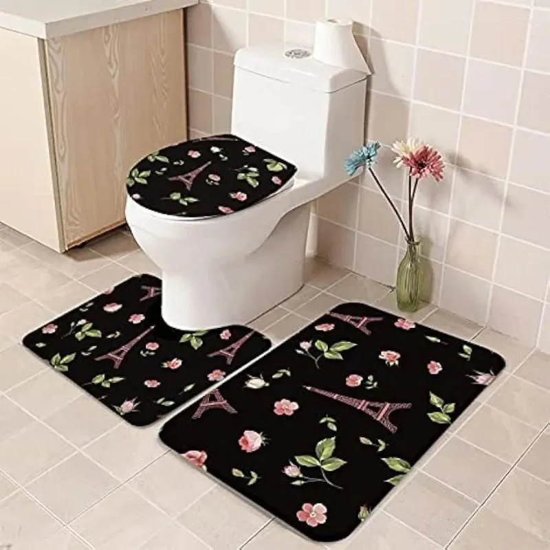 Bath Mats 3 Pieces Set Paris Eiffel Tower With Pink Flowers And Green Leaf Non Slip Absorbent Bathtub Floor Rug Toilet Lid Cover