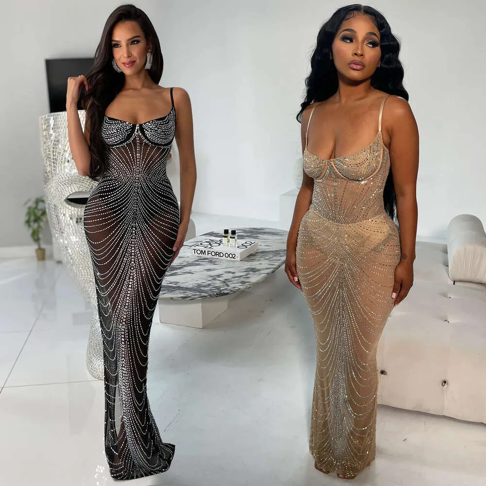 Fashion Women's Solid Color Mesh Hot Diamond Sling Long Dress with  Spaghetti Strap Collar from Dhgate Urban Sexy Dresses - price 51.56