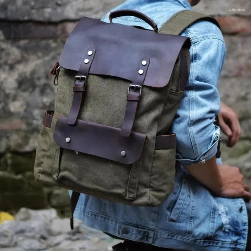 Backpack Fashion Canvas Men's Wearproof Vintage Bag 15 inch laptop lederen school voor tiener draagbare reizen