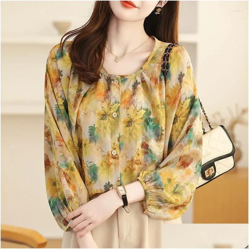 Dames blouses shirts geprinte chiffon blouse 2024 zomer vrouwelijke kleding o-neck losse oversized shirt ol vintage negen kwart dames dr ot04j