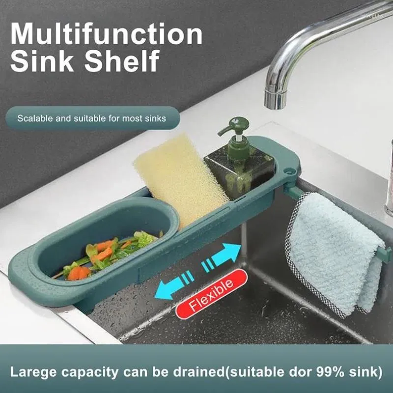 Küche Lagerverstellbare Länge Waschbecken Abfluss Korbschale Abflusser für Seifenhandtuchregal Organizer Zubehör Regal