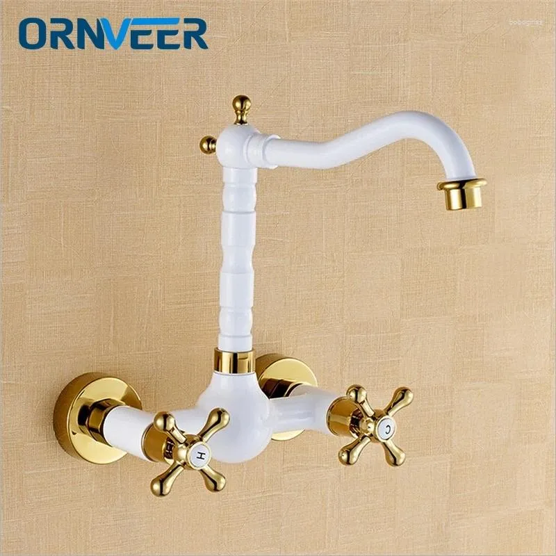 Bathroom Sink Faucets Tall Wall Mounted Grilled White Painted Faucet Gold Wheel Handle Brass Basin Mixer Tap W-013