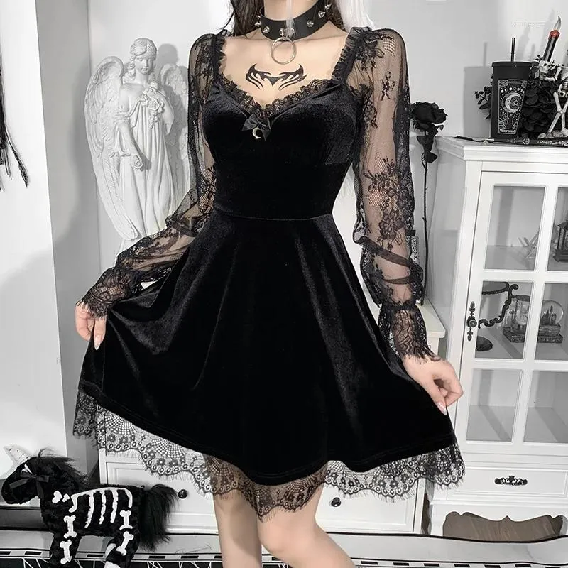 Vestidos casuais e-girlgunge gótico preto mini vestido renda de renda na cintura alta corporcon y2k mulheres 90s vintage punk harajuku lolita roupas