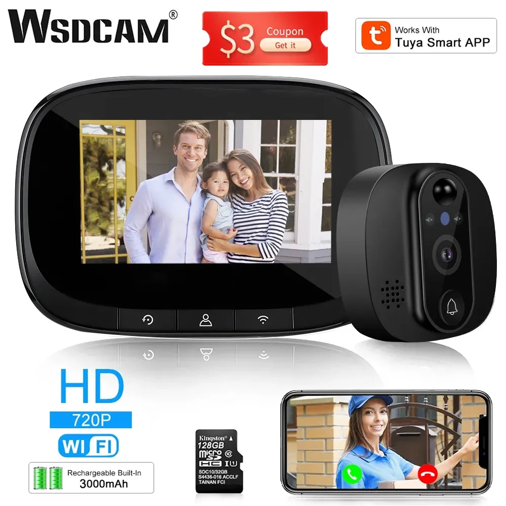 Sonnets de porte wsdcam tuya extérieur sans fil sonnette nocturne vision wifi houleur de porte de porte 4,3 pouces porte vidéo cloche vidéo œil smart home sécurité alarme