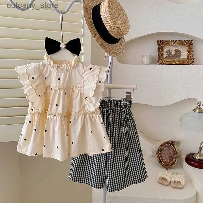 Trousers 2023 Summer New Girls Set Lace Seve Polka Dot Top Plaid+Wide g Pants Two Piece Set Casual Baby Girls Clothing Suit L46
