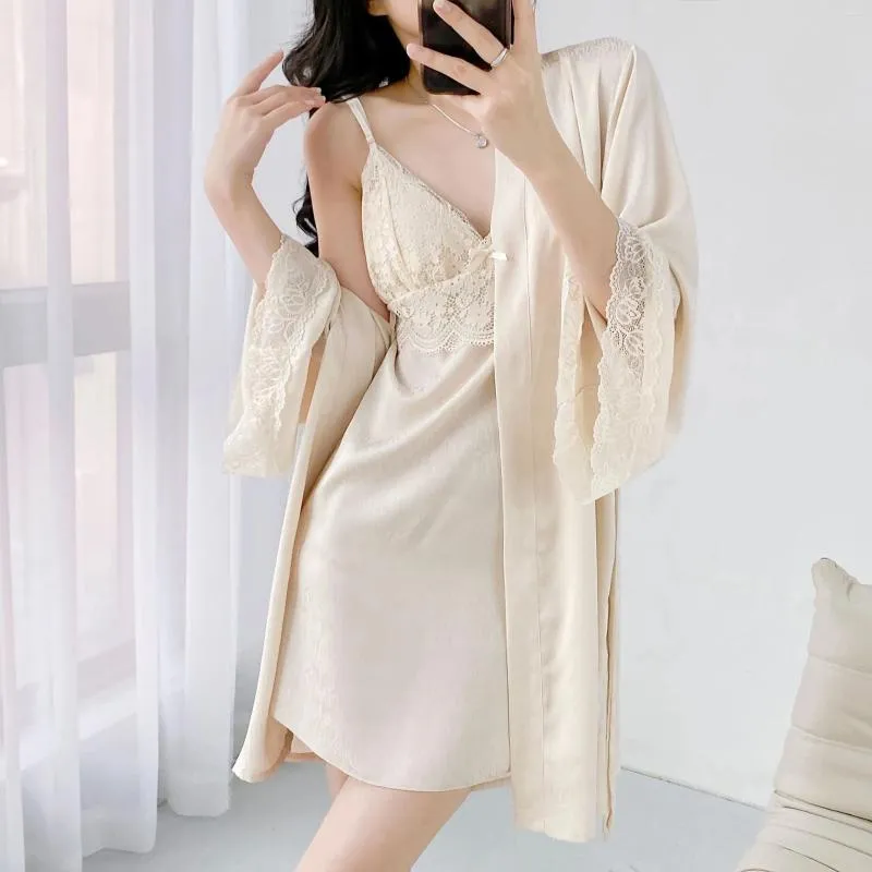 Ubranie domowe seksowna koszulka nocna garnitur letni wiosna koronka nocna Kimono set lady elegancki szlafrok suknia domowa satynowa odzież satynowa