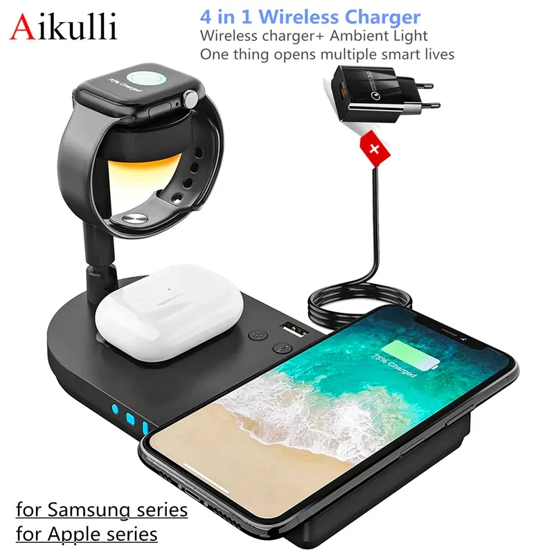 充電器4 in 1ワイヤレス充電器スタンドQI 15WアップルiPhoneのランプ付きワイヤレス充電ステーションSAIRPODS BUDS CHARY