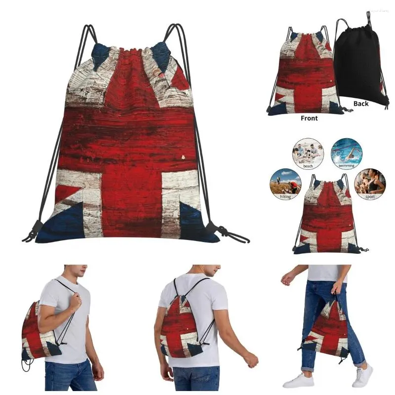 Ryggsäck utomhus bärbar brittisk flagga humor grafisk klassisk dragkampsäckar gymnastiksäck