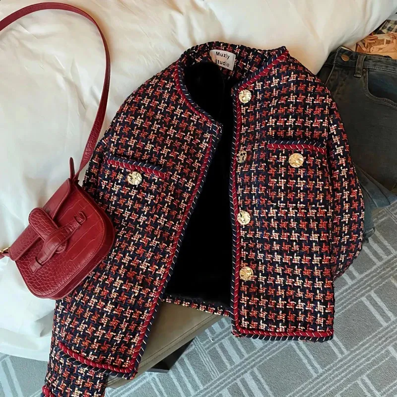 Mexzt Vintage Tweed Jacket vrouwen Elegant bijgesneden geraid blazer Koreaanse fleece pak korte jassen winter dik warm chic bovenkleding 240401