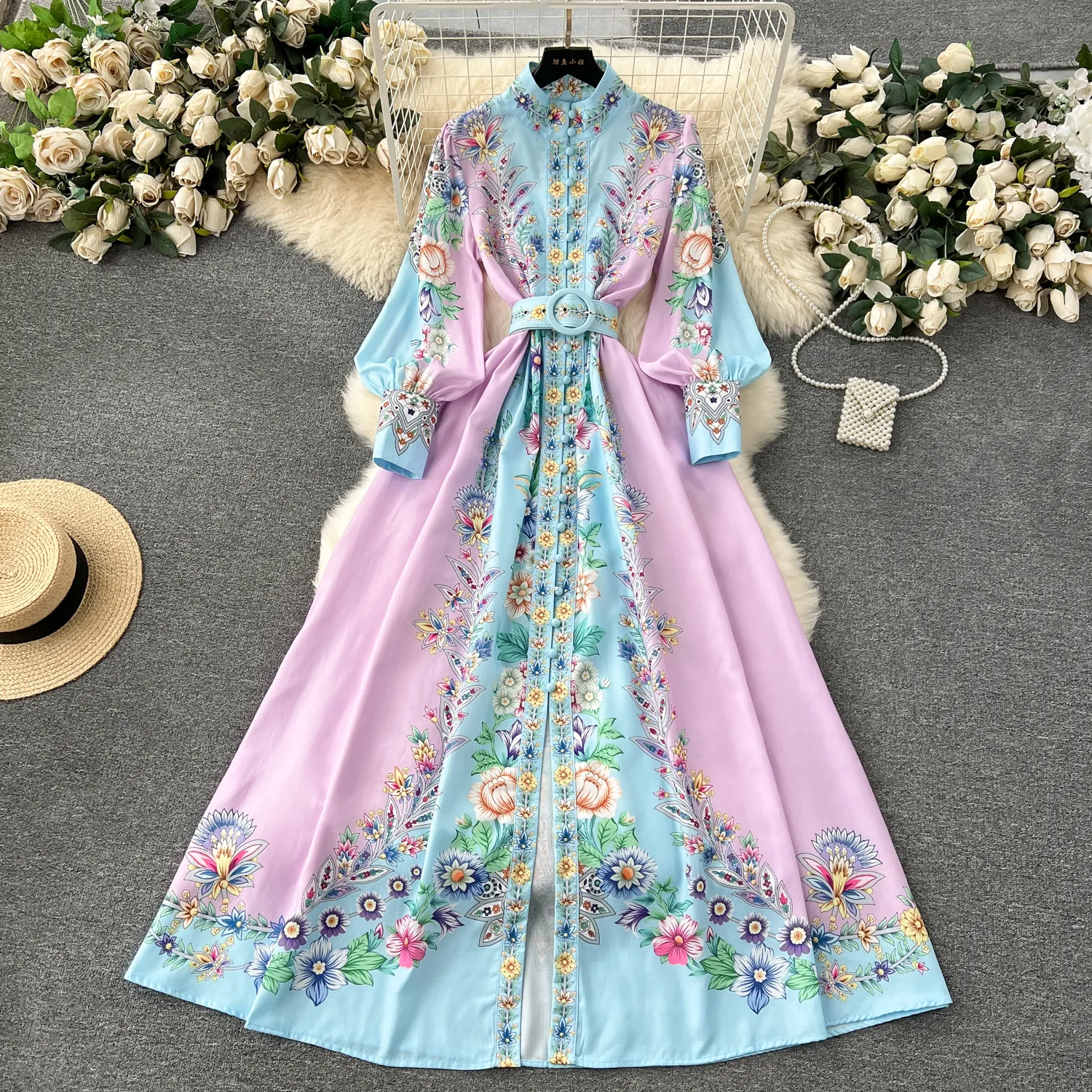 Grundläggande avslappnade klänningar 2024 Elegant blommig semesterrockklänning Spring Women Long Sleeve A-Line Belt Beach Party Vestidos Buttons Down Women Maxi Clothes