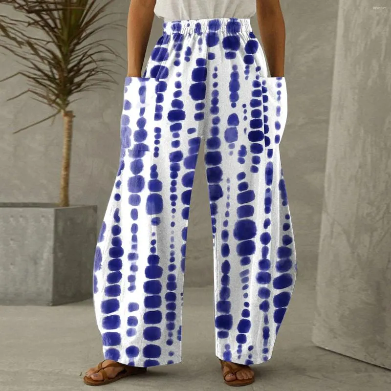 Spodnie damskie dla kobiet lato bawełniane bawełniane palazzo długie spodnie spodni z kieszankami pantalonami