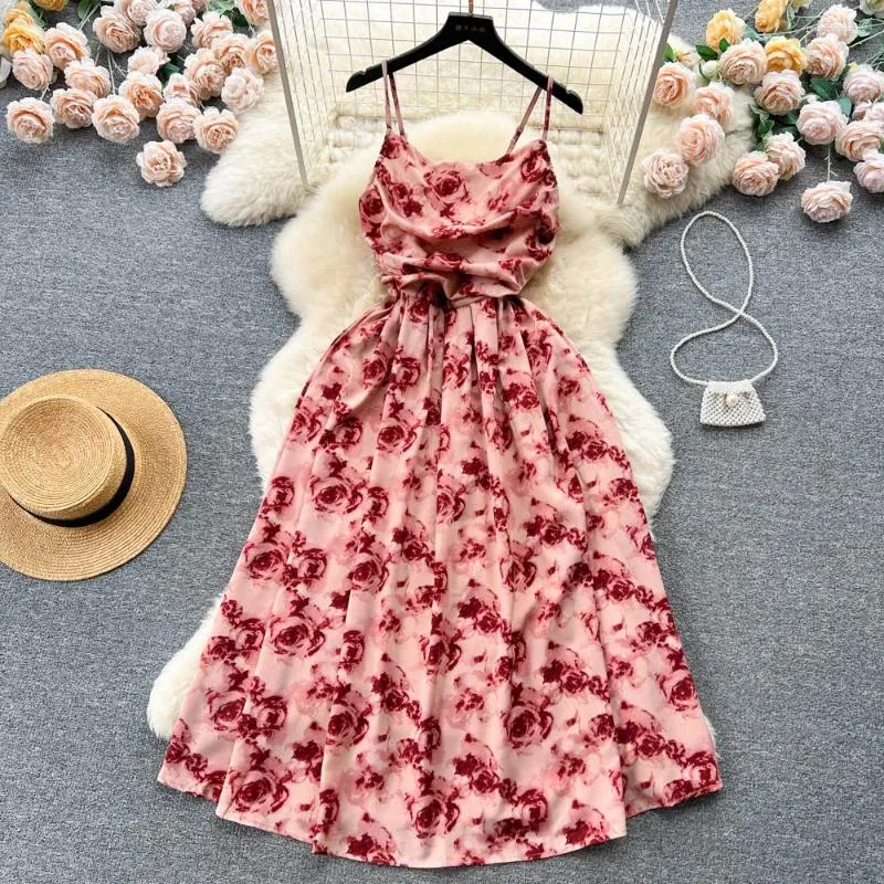 Robes décontractées Yuoomuoo Imprimé floral romantique longue robe vintage rose haute taille spaghetti sangle d'été plage de la plage de la plage