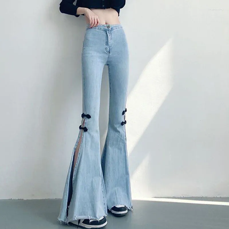 Kvinnors jeans 2024 Spring Blue Denim Flare Pants Women Korean Slim Fit Side Split Woman Vintage High midje Bow Mopping Trousers