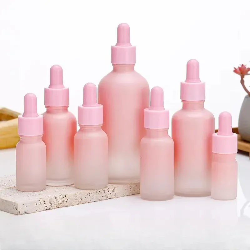 5 ml-50 ml di bottiglia di vetro glassata rosa con pipetta, bottiglie di olio essenziale rosa, bottiglia di imballaggio estetico estetico