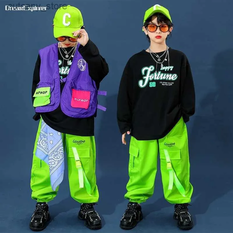 Брюки девушки хип -хоп жилет толстовки грузовые брюки для одежды для мальчиков уличные танцы наряды детская джазовая костюм детская уличная одежда L46