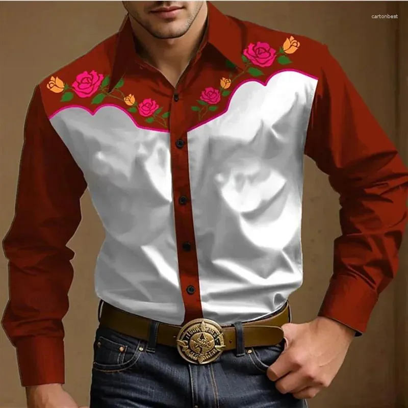 Men's Dress Shirts Western Shirt Denim Floral Button-Down Outdoor Festival Top Soft And Comfortable Retro Lapel S-6XL