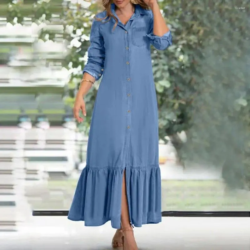 Casual Dresses Long-sleeved Dress Elegant Denim Maxi With Ruffle Patchwork Flowy Hem For Women Stylish Single-breasted Spring