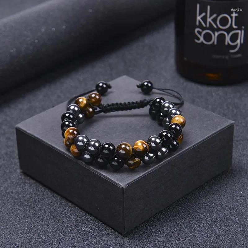 Strand Natural Tiger Eye Agate Stone Bracelet Men's Braided Adjustable Black Magnet Yoga String Beads