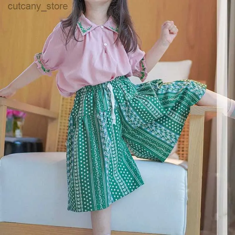 Trousers 2022 Spring Summer New Girls Clothing Sets Country Sty Girls Cute Fashion broidered Blouse+Wide g Pants ChildrenS Clothes L46