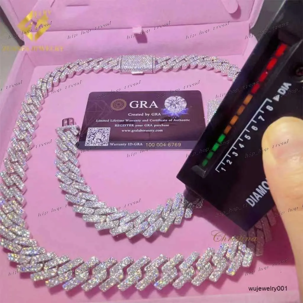 Collana di gioielli Catene per uomini Catena da 15 mm Bracciale Moissanite Uomini Silver Cuban Link Pass Tester Diamond GRA VVS Collana cubana Moissanite
