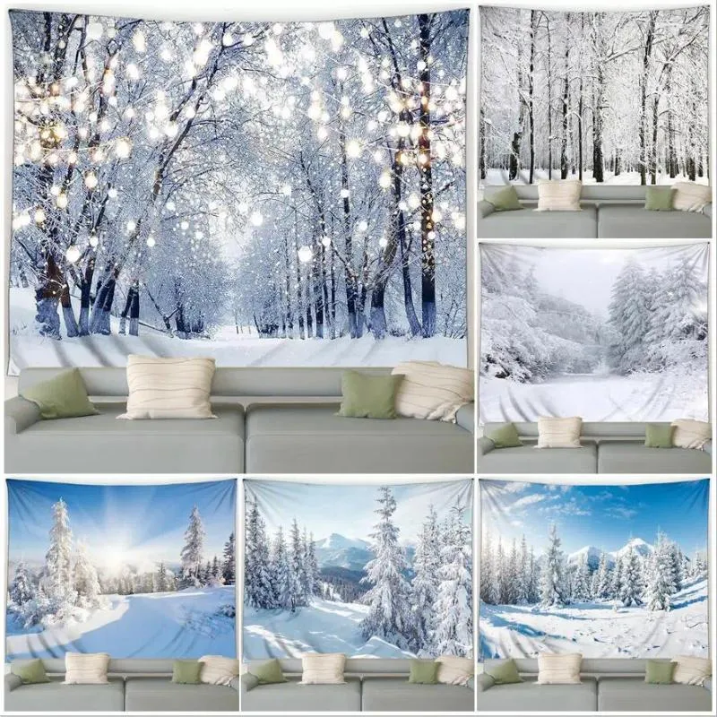 Tapissries Winter Tapestry Forest Cedar Snow Mountain Nature Snowy Scene Christmas Home Living Room Bedroom Decor Wall Hanging